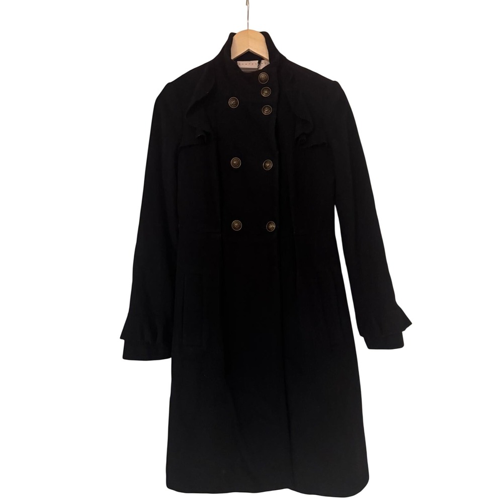 Diane von Furstenberg Black Wool Cashmere Ruffle Double Breasted Coat Jacket